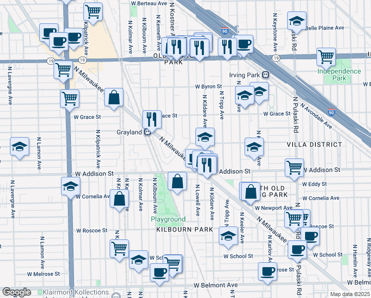 map of restaurants, bars, coffee shops, grocery stores, and more near 17 North Milwaukee Avenue in Chicago