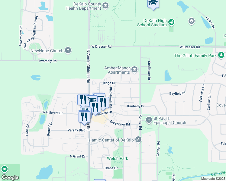 map of restaurants, bars, coffee shops, grocery stores, and more near 1230 Blackhawk Road in DeKalb