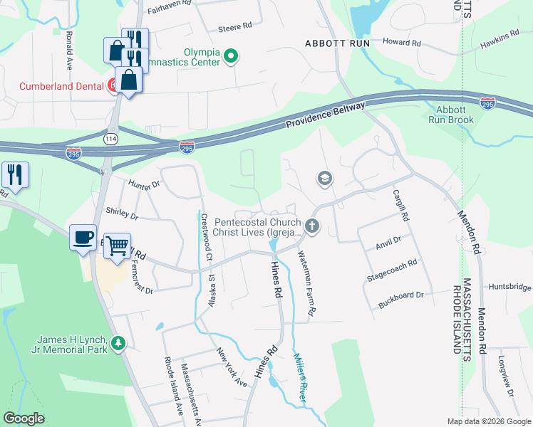 map of restaurants, bars, coffee shops, grocery stores, and more near 702 Friar's Garden in Cumberland