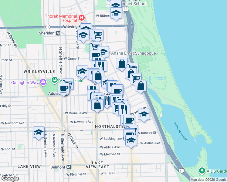 map of restaurants, bars, coffee shops, grocery stores, and more near 631 West Addison Street in Chicago