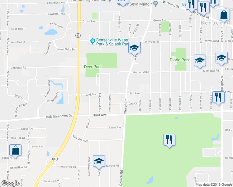 map of restaurants, bars, coffee shops, grocery stores, and more near 528 2nd Avenue in Bensenville