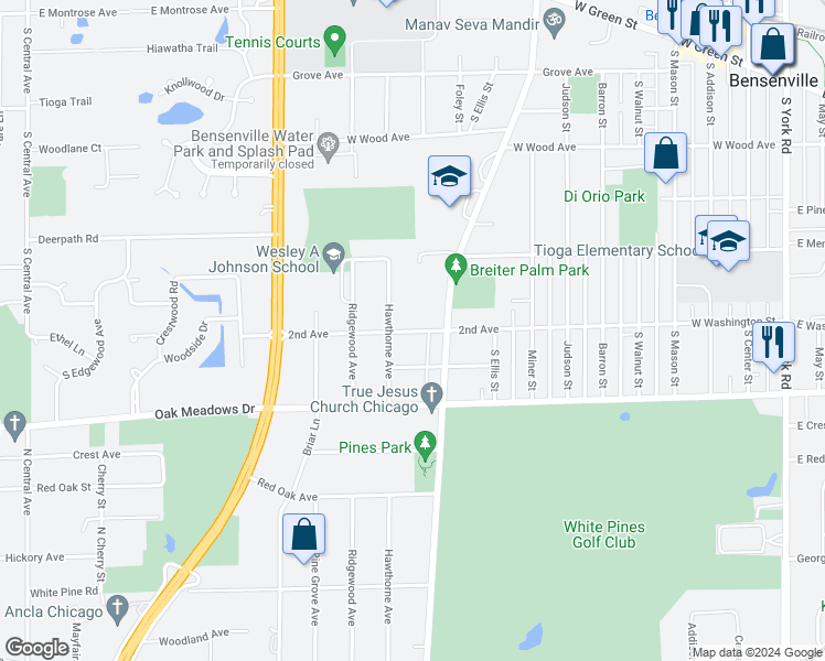 map of restaurants, bars, coffee shops, grocery stores, and more near 516 2nd Avenue in Bensenville