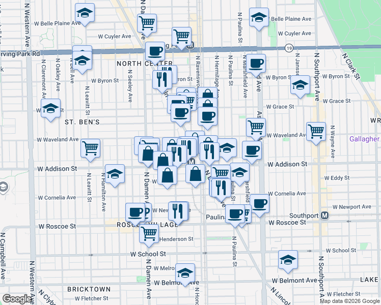 map of restaurants, bars, coffee shops, grocery stores, and more near 1809 West Patterson Avenue in Chicago