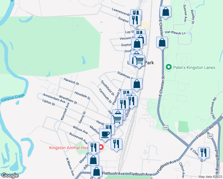 map of restaurants, bars, coffee shops, grocery stores, and more near 72 Southfield Street in Kingston
