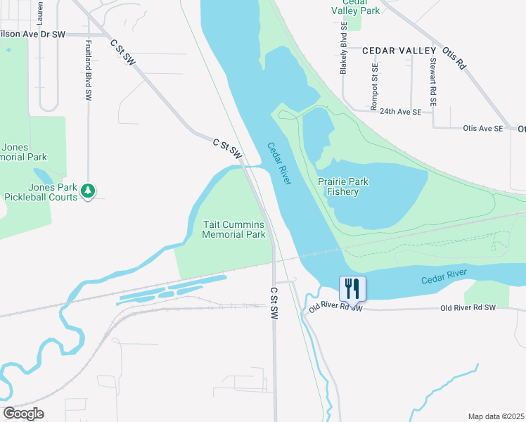 map of restaurants, bars, coffee shops, grocery stores, and more near Cedar River Trail in Cedar Rapids