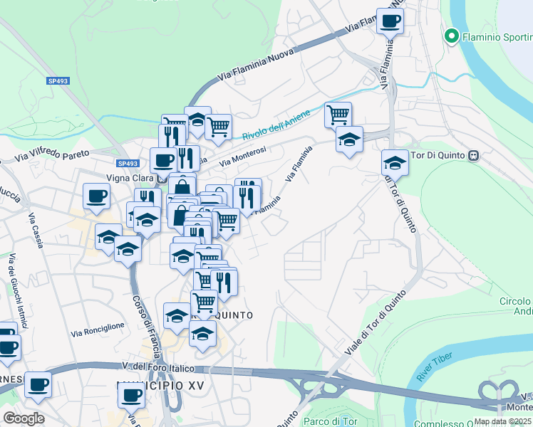 map of restaurants, bars, coffee shops, grocery stores, and more near 820 Via Flaminia in Roma