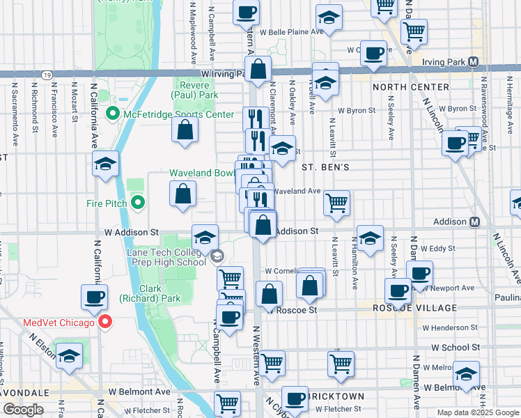 map of restaurants, bars, coffee shops, grocery stores, and more near 3622 North Western Avenue in Chicago