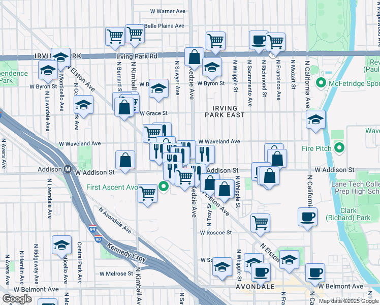 map of restaurants, bars, coffee shops, grocery stores, and more near 3638 North Kedzie Avenue in Chicago
