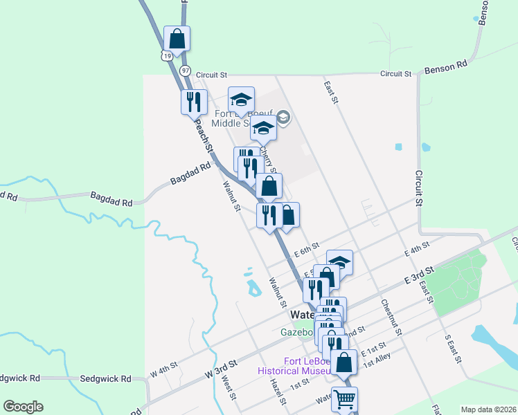 map of restaurants, bars, coffee shops, grocery stores, and more near 702 High Street in Waterford