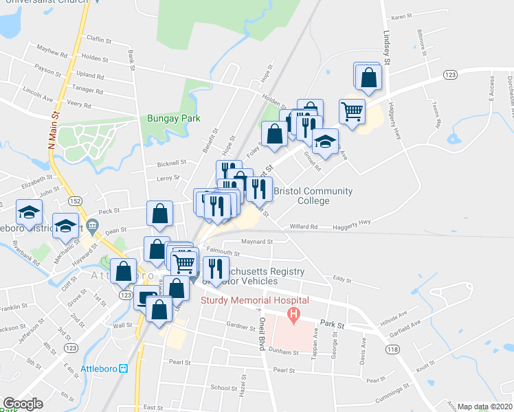 map of restaurants, bars, coffee shops, grocery stores, and more near 13 Forest Street in Attleboro