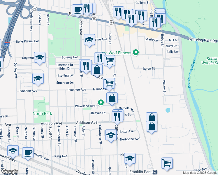 map of restaurants, bars, coffee shops, grocery stores, and more near 9612 Ivanhoe Avenue in Schiller Park