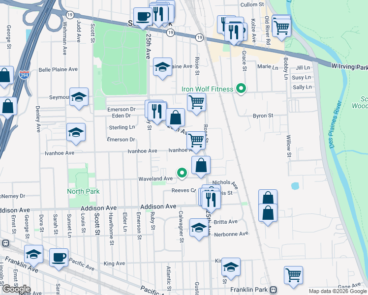 map of restaurants, bars, coffee shops, grocery stores, and more near 9679 Ivanhoe Avenue in Schiller Park