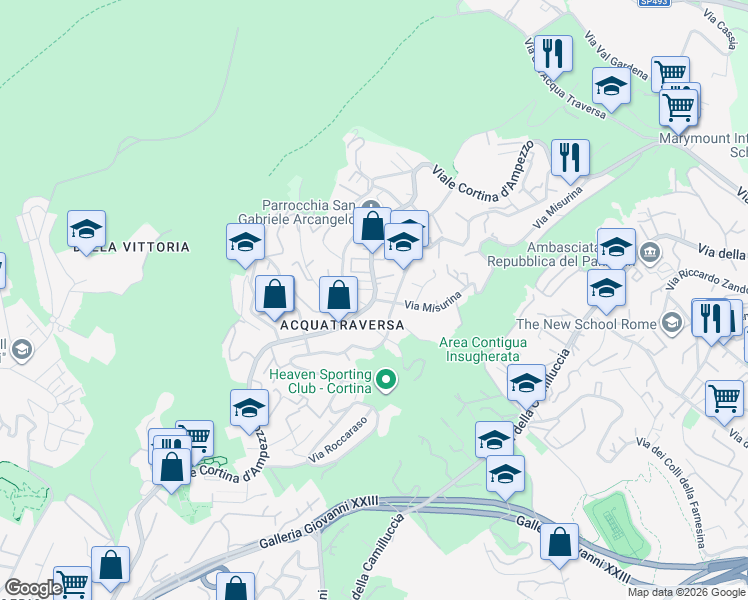 map of restaurants, bars, coffee shops, grocery stores, and more near 4 Via Misurina in Roma
