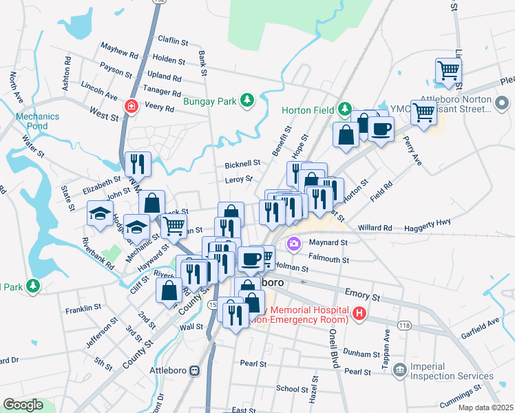 map of restaurants, bars, coffee shops, grocery stores, and more near 8 Perrin Street in Attleboro