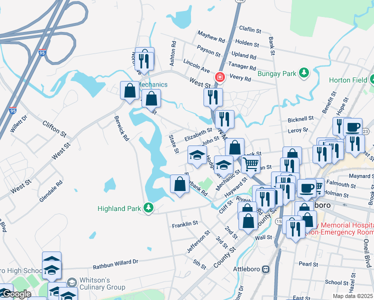 map of restaurants, bars, coffee shops, grocery stores, and more near 36 John Street in Attleboro
