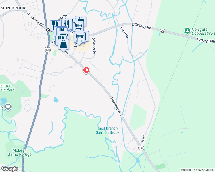 map of restaurants, bars, coffee shops, grocery stores, and more near 2 Rushford Meade in Granby