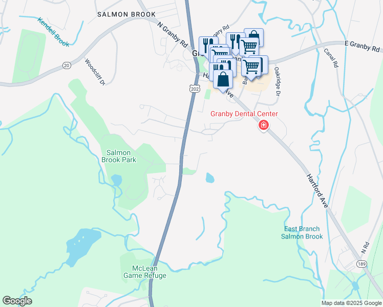 map of restaurants, bars, coffee shops, grocery stores, and more near 218 Salmon Brook Street in Granby