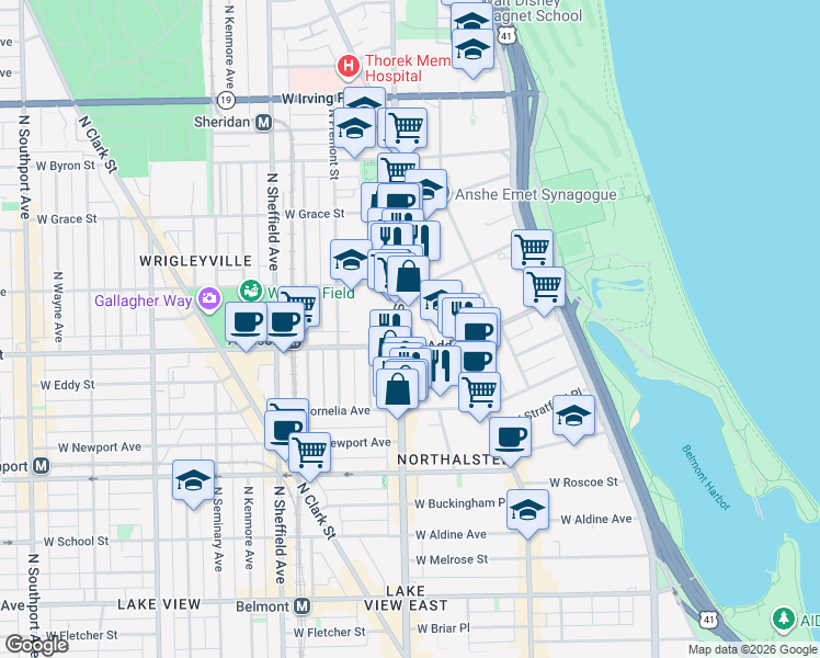 map of restaurants, bars, coffee shops, grocery stores, and more near 3600 North Halsted Street in Chicago