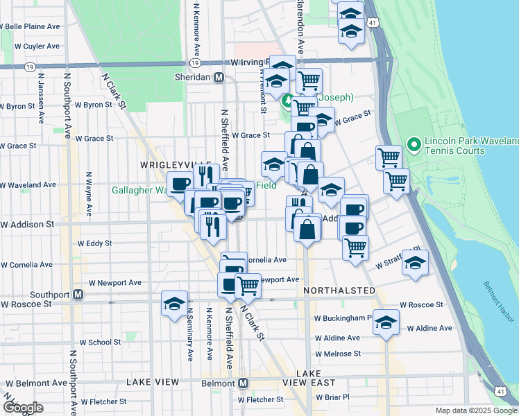 map of restaurants, bars, coffee shops, grocery stores, and more near 910 West Addison Street in Chicago