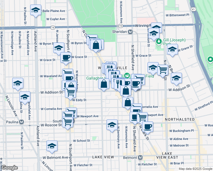 map of restaurants, bars, coffee shops, grocery stores, and more near 1136 West Addison Street in Chicago