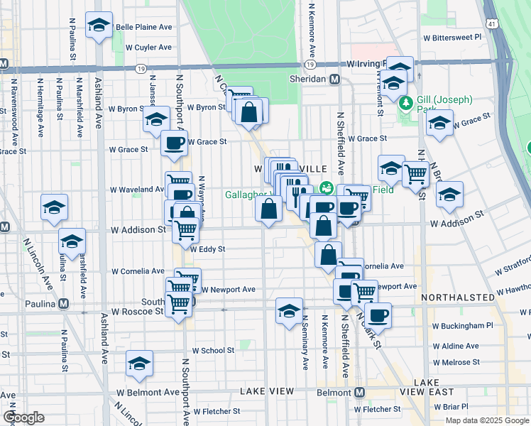 map of restaurants, bars, coffee shops, grocery stores, and more near 1136 West Addison Street in Chicago
