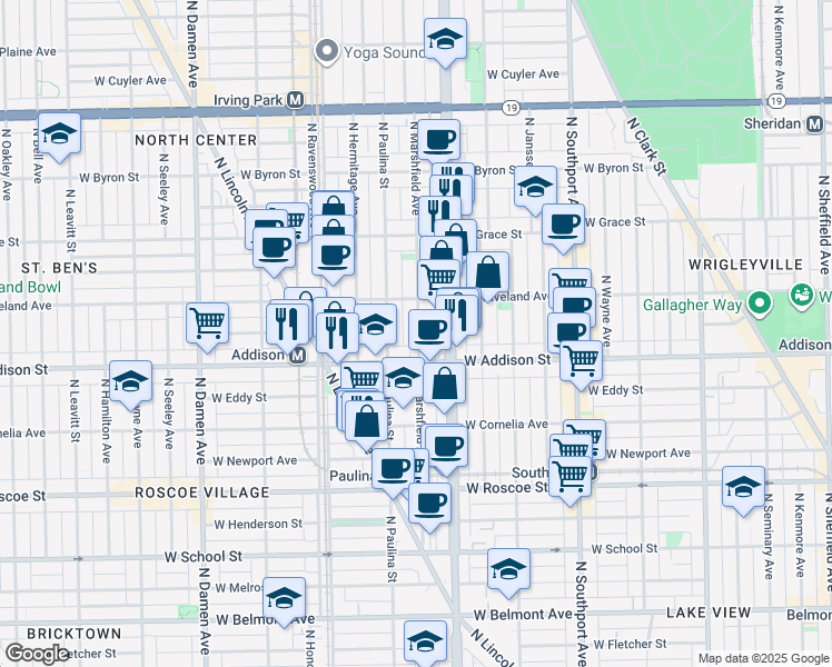 map of restaurants, bars, coffee shops, grocery stores, and more near 3614 North Marshfield Avenue in Chicago