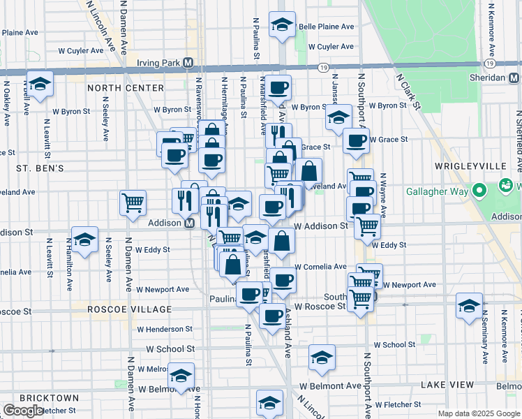 map of restaurants, bars, coffee shops, grocery stores, and more near 3614 North Marshfield Avenue in Chicago