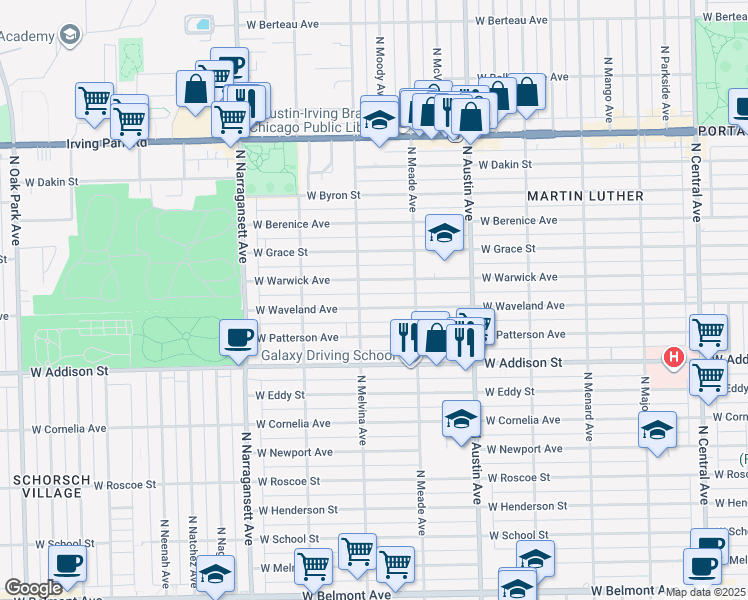 map of restaurants, bars, coffee shops, grocery stores, and more near 6201 West Waveland Avenue in Chicago