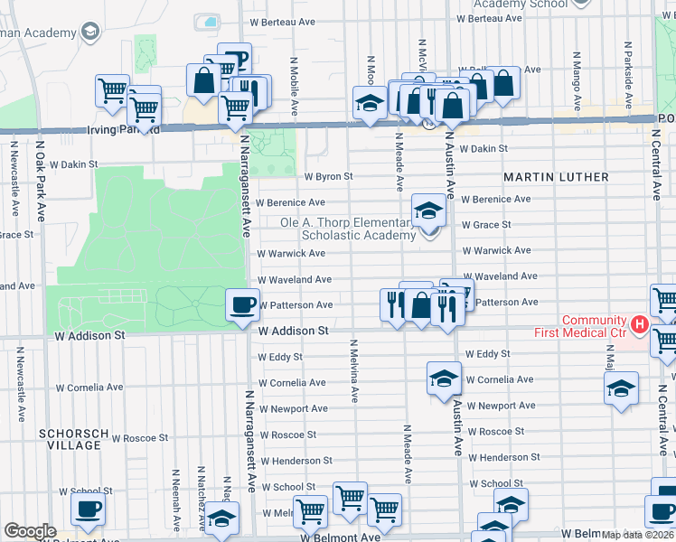 map of restaurants, bars, coffee shops, grocery stores, and more near 6201 West Waveland Avenue in Chicago