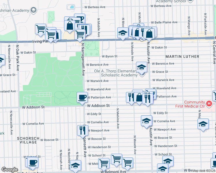 map of restaurants, bars, coffee shops, grocery stores, and more near 6240 West Waveland Avenue in Chicago