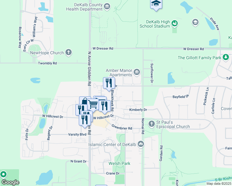 map of restaurants, bars, coffee shops, grocery stores, and more near 1230 Blackhawk Road in DeKalb
