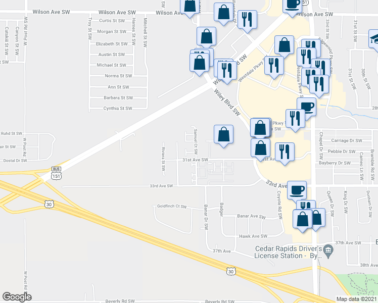 map of restaurants, bars, coffee shops, grocery stores, and more near 3040 Samuel Court Southwest in Cedar Rapids