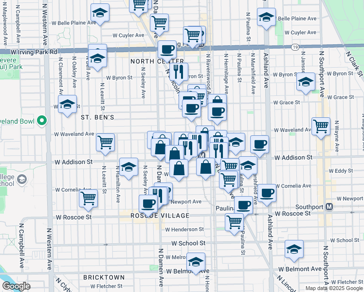 map of restaurants, bars, coffee shops, grocery stores, and more near 1905 West Patterson Avenue in Chicago