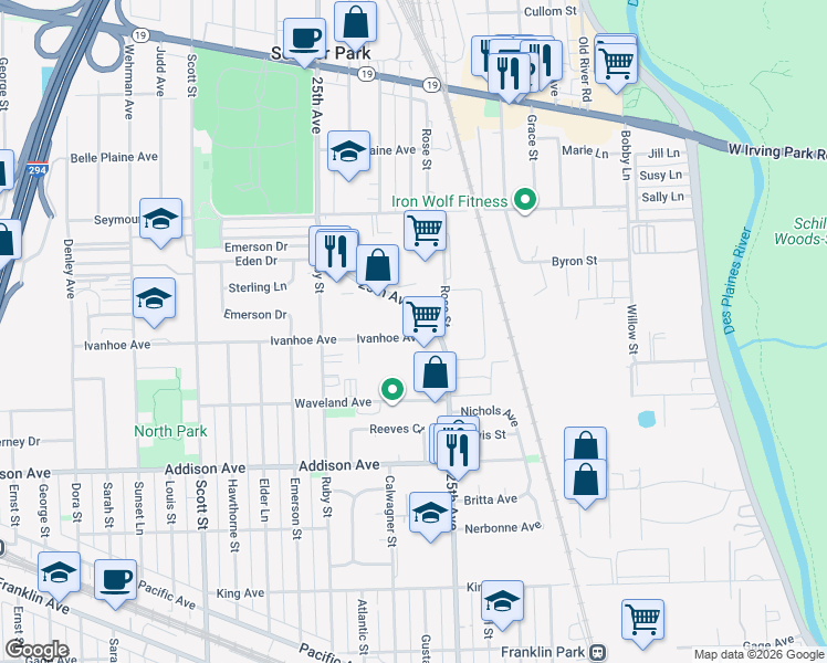 map of restaurants, bars, coffee shops, grocery stores, and more near 3720 Rose Street in Schiller Park