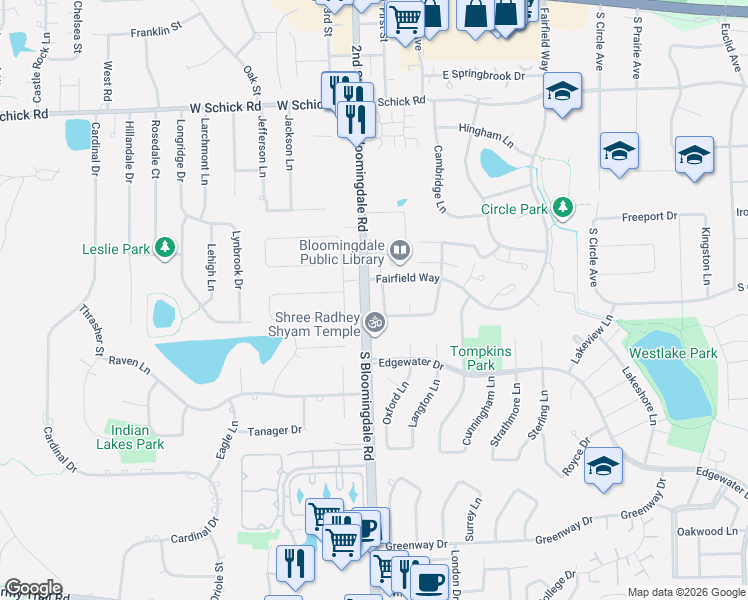 map of restaurants, bars, coffee shops, grocery stores, and more near 234 Millford Lane in Bloomingdale