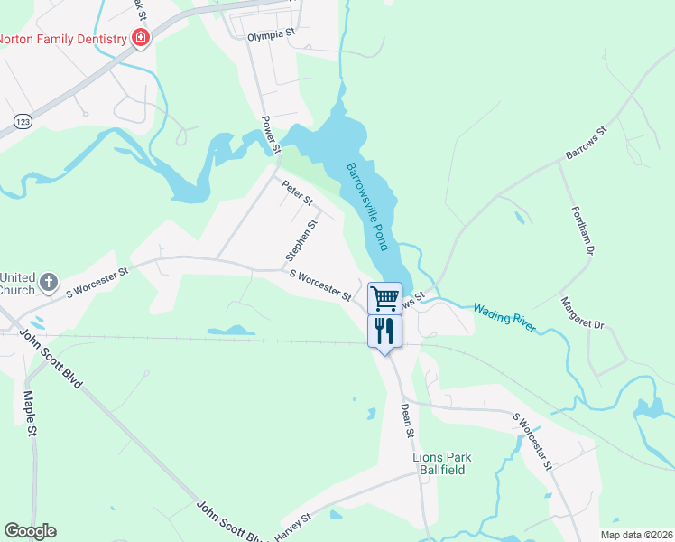 map of restaurants, bars, coffee shops, grocery stores, and more near 168 South Worcester Street in Taunton