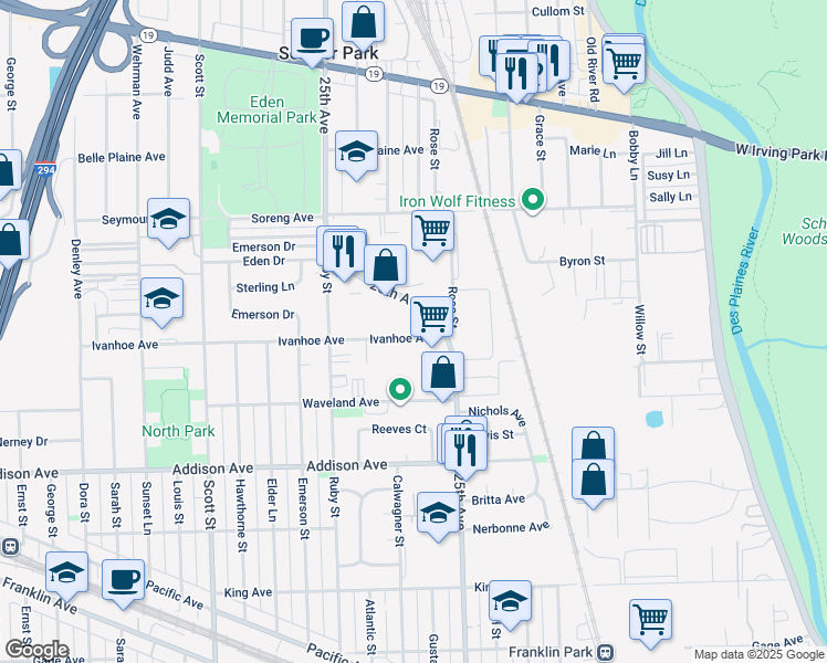 map of restaurants, bars, coffee shops, grocery stores, and more near 9630 Ivanhoe Avenue in Schiller Park