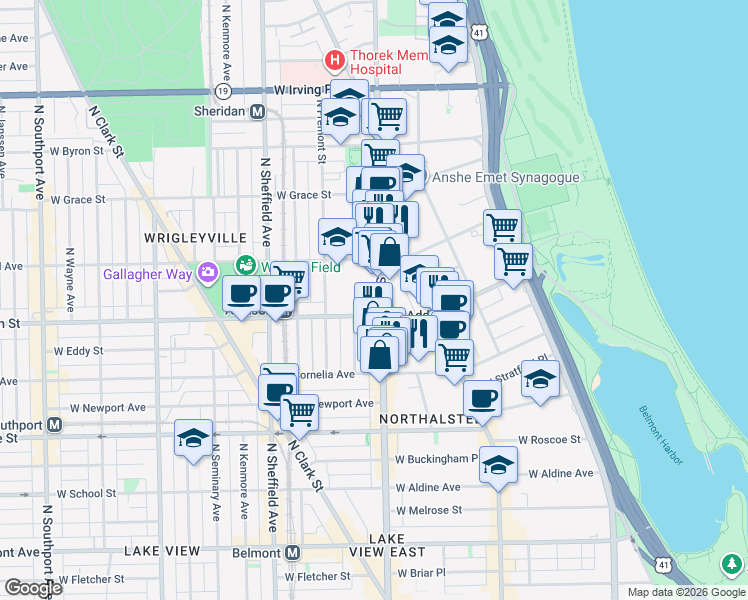 map of restaurants, bars, coffee shops, grocery stores, and more near 3600 North Halsted Street in Chicago