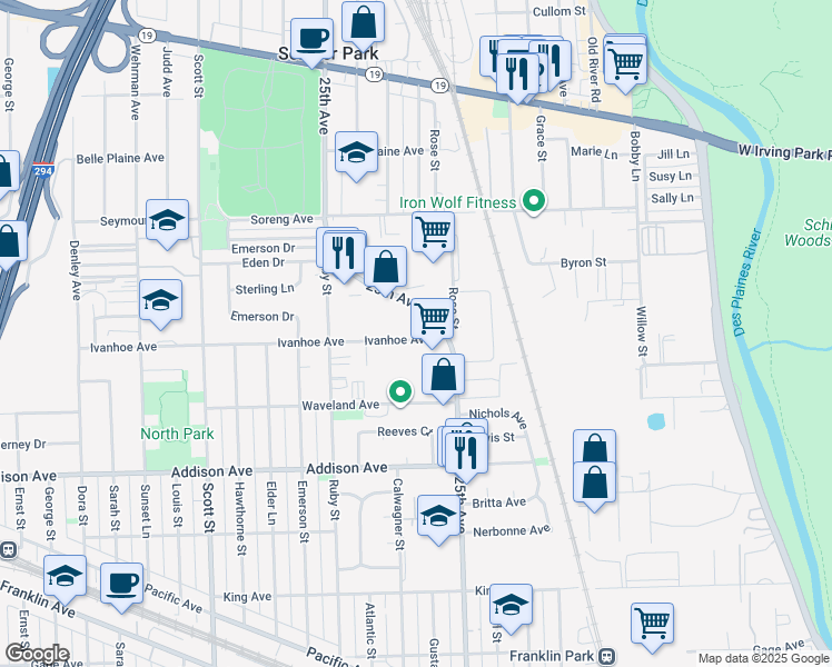 map of restaurants, bars, coffee shops, grocery stores, and more near 3720 Rose Street in Schiller Park