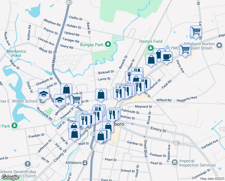map of restaurants, bars, coffee shops, grocery stores, and more near 69 Peck Street in Attleboro
