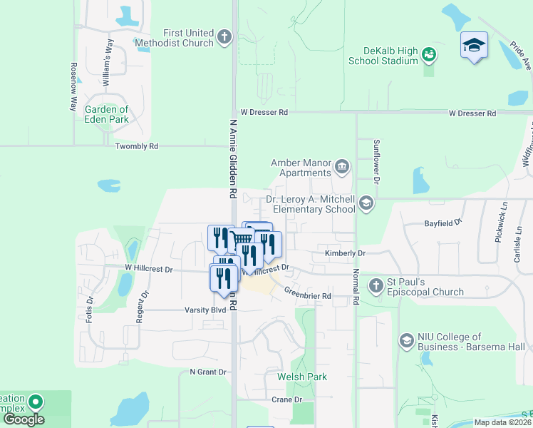 map of restaurants, bars, coffee shops, grocery stores, and more near 1234 Rushmoore Drive in DeKalb