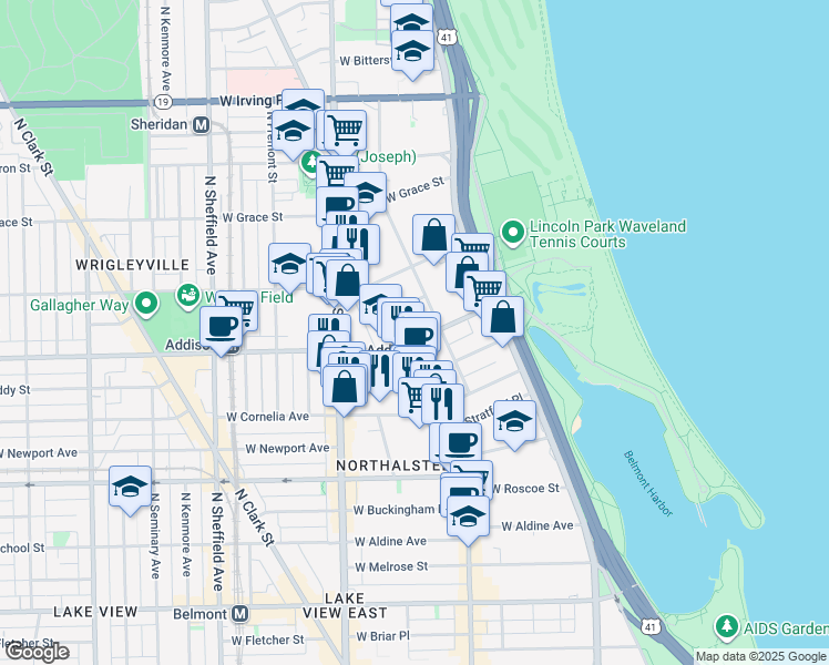 map of restaurants, bars, coffee shops, grocery stores, and more near 620 West Addison Street in Chicago