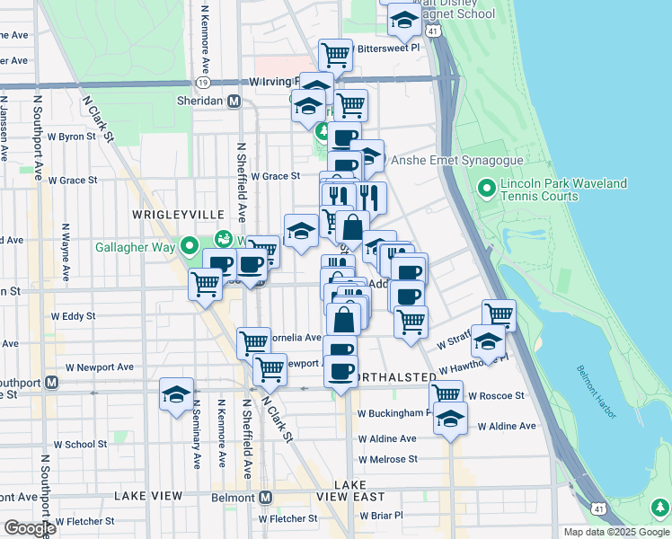 map of restaurants, bars, coffee shops, grocery stores, and more near 3600 North Halsted Street in Chicago