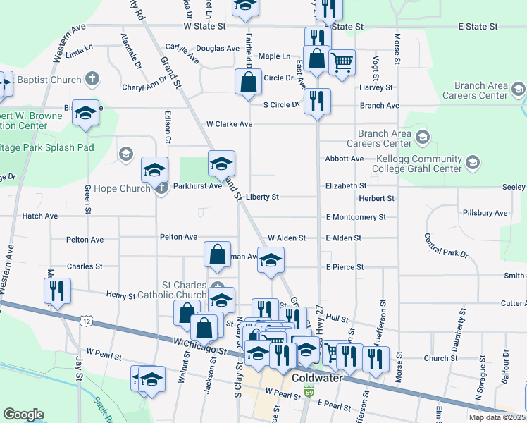 map of restaurants, bars, coffee shops, grocery stores, and more near 33 West Montgomery Street in Coldwater
