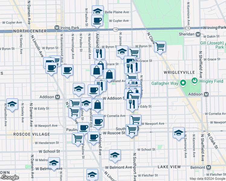 map of restaurants, bars, coffee shops, grocery stores, and more near 3624 North Greenview Avenue in Chicago