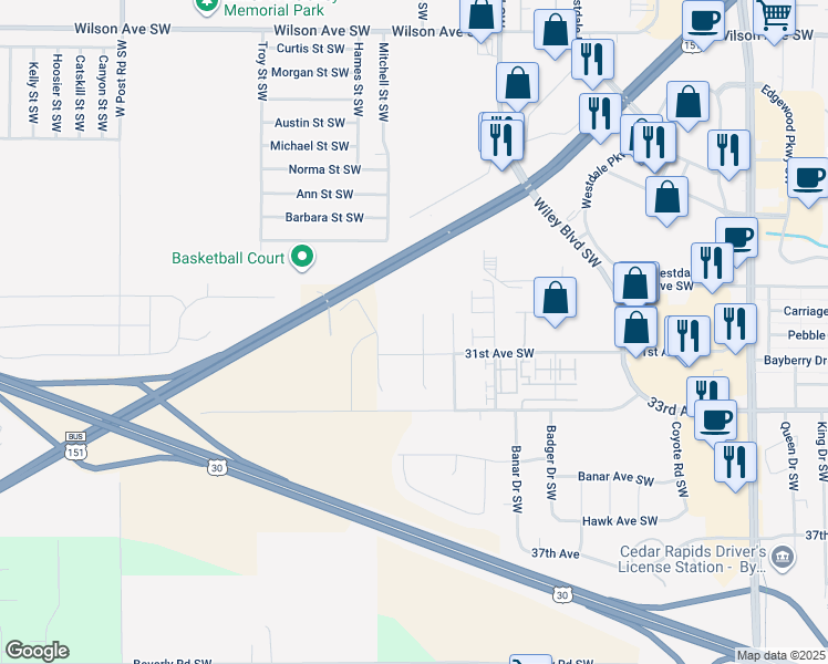 map of restaurants, bars, coffee shops, grocery stores, and more near 4102 31st Avenue Southwest in Cedar Rapids