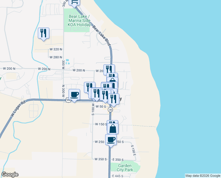 map of restaurants, bars, coffee shops, grocery stores, and more near 32 West 75 North in Garden City
