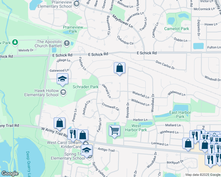 map of restaurants, bars, coffee shops, grocery stores, and more near 418 Harvard Lane in Bartlett