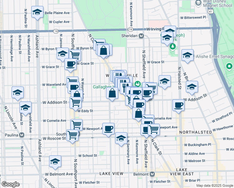 map of restaurants, bars, coffee shops, grocery stores, and more near 1121 West Patterson Avenue in Chicago