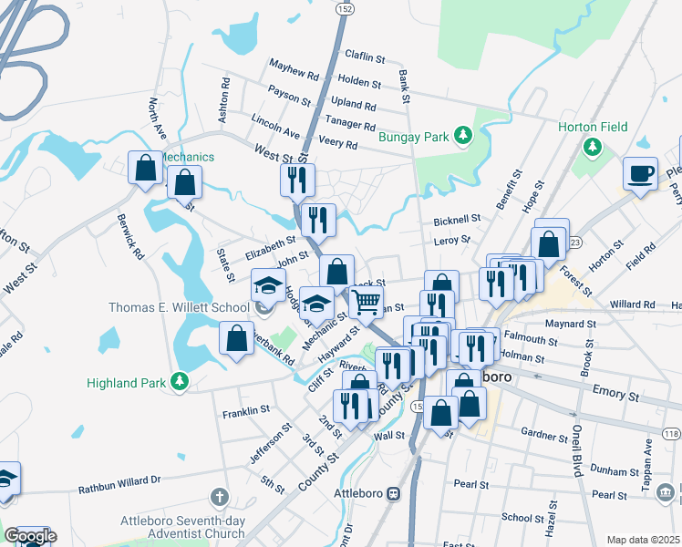 map of restaurants, bars, coffee shops, grocery stores, and more near 5 Peck Street in Attleboro